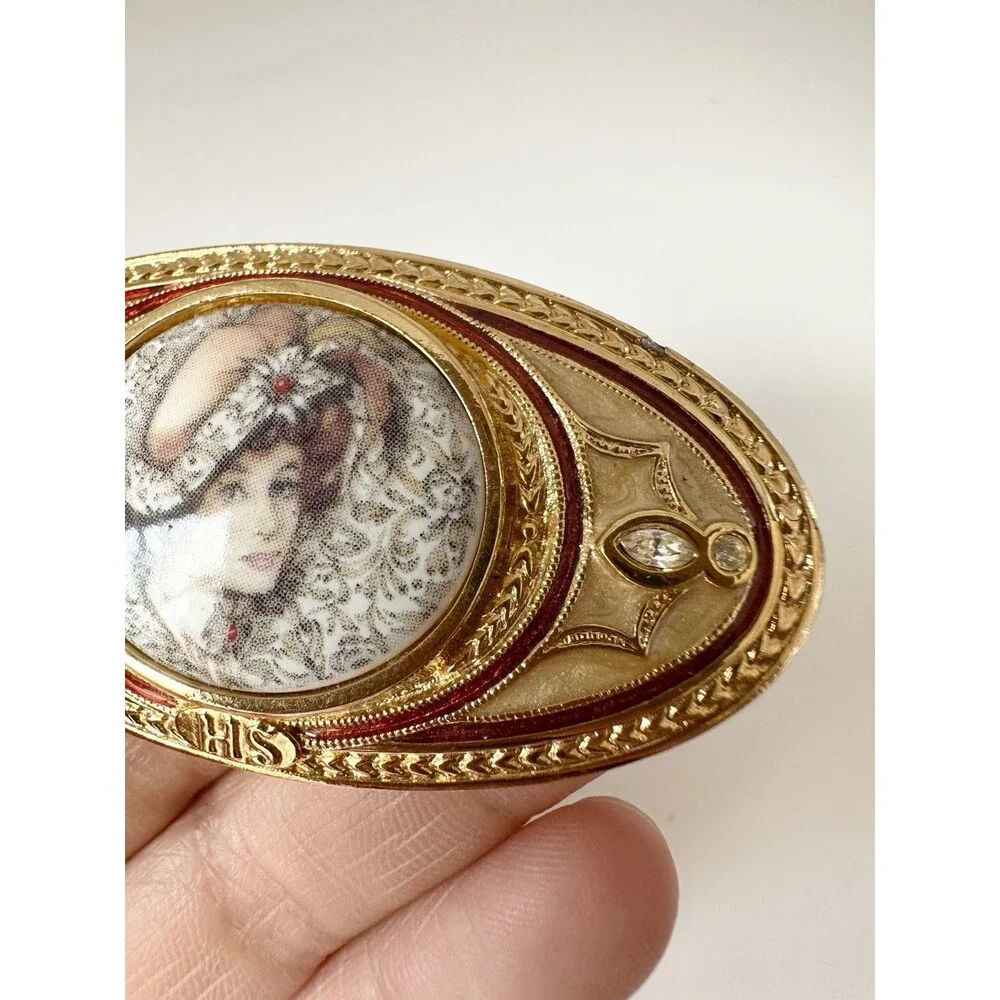 Avon President's Club Porcelain Enamel Rhinestone Lady Cameo Brooch Vintage